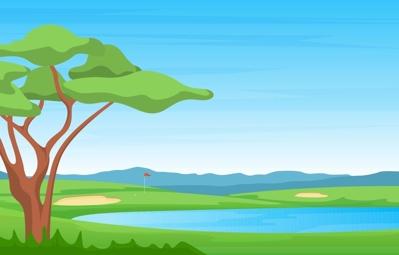campo de golfe com bandeira vermelha, lago e árvores vetor