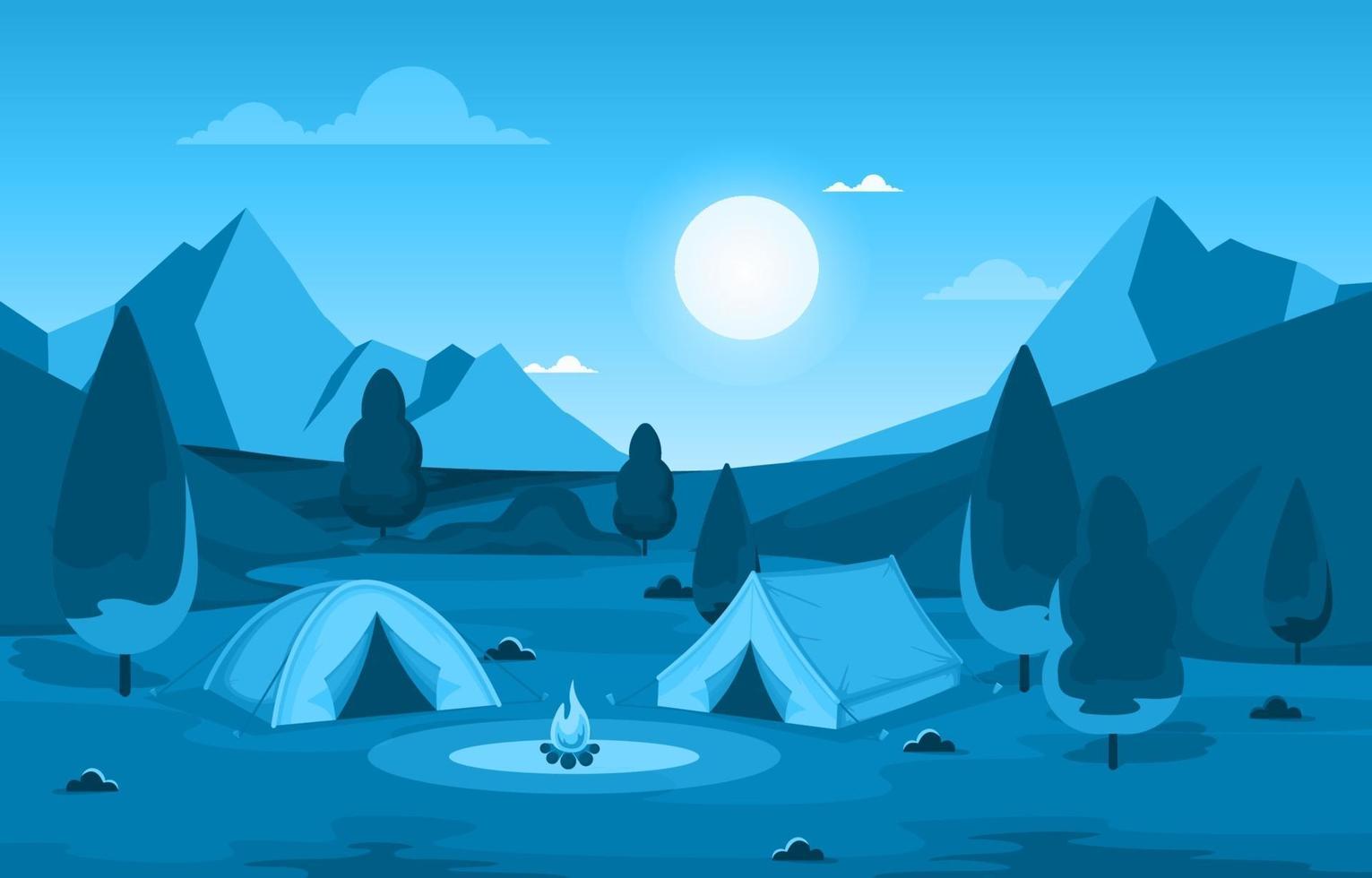 tendas de acampamento e fogueira em um vale na montanha à noite vetor