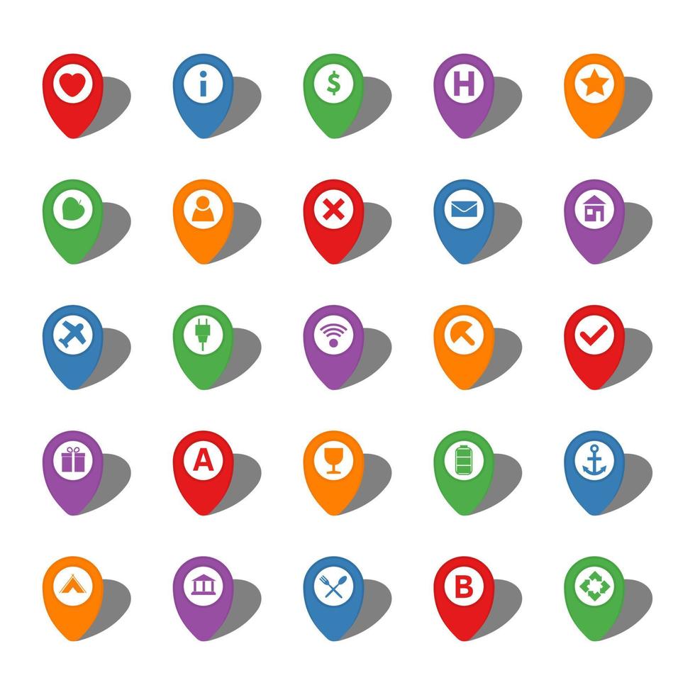 conjunto do vinte cinco colorida mapa ponteiros com diferente ícones dentro branco círculo e com sombras. vetor ilustração
