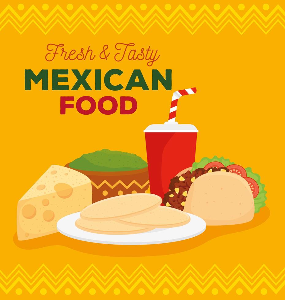 pôster de comida mexicana com taco e ingredientes deliciosos vetor