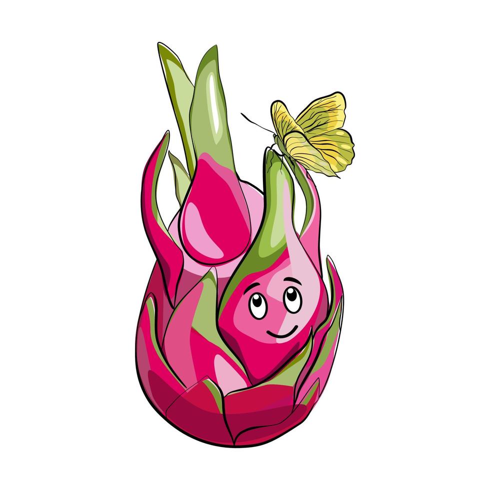 fruta do dragão personagem Projeto com engraçado face e borboleta vetor