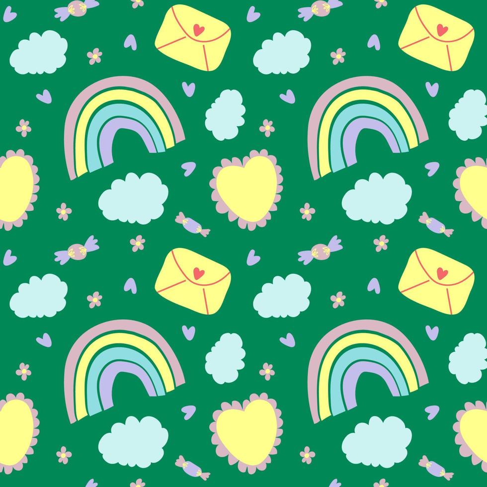 arco-íris, nuvens, doces, envelope, coração, flores colorida desatado padronizar em verde fundo. vetor ilustração. perfeito para bebê roupa de cama, roupas, fundo, invólucro papel.