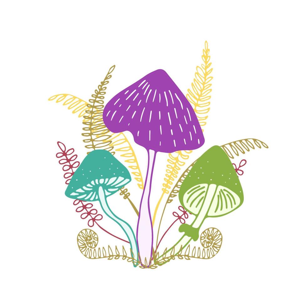 três colorida floresta cogumelos crescendo juntos com samambaias isolado em branco fundo. brilhante, calma conjunto do mágico, fada, fantasia cogumelos. mão desenhado vetor ilustração.