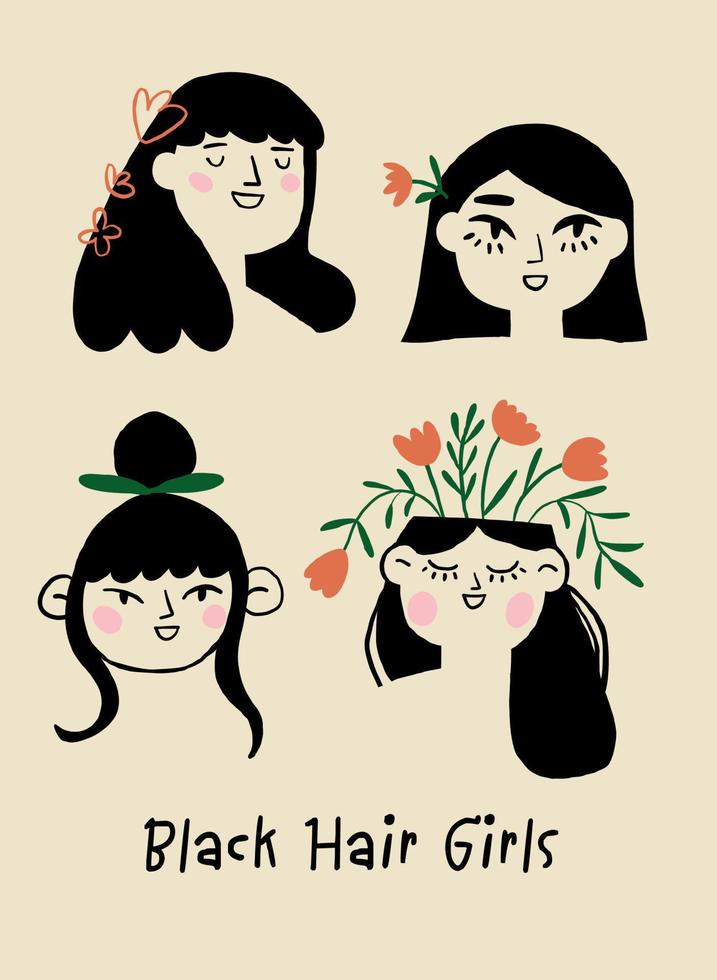 romântico meninas com Preto cabelo. romântico meninas poster. meninas rabisco cartazes. . vetor ilustração