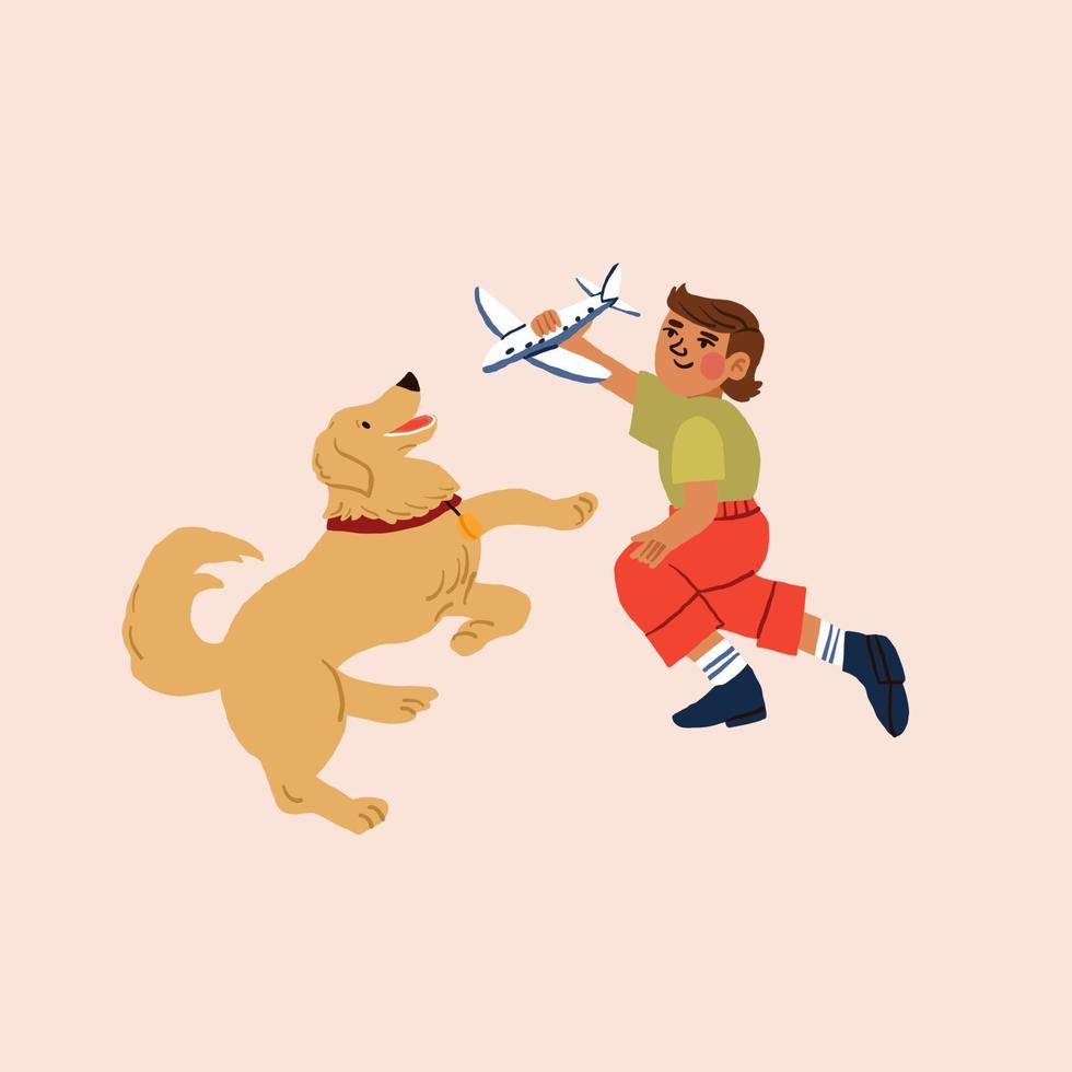 uma Garoto jogando avião brinquedo com a cachorro. dourado retriever e a pequeno Garoto fofa ilustração. vetor ilustração