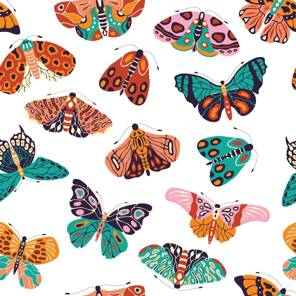 padrão sem emenda com borboletas coloridas de mão desenhada e mariposas em fundo branco. insetos voadores estilizados, ilustração vetorial. vetor
