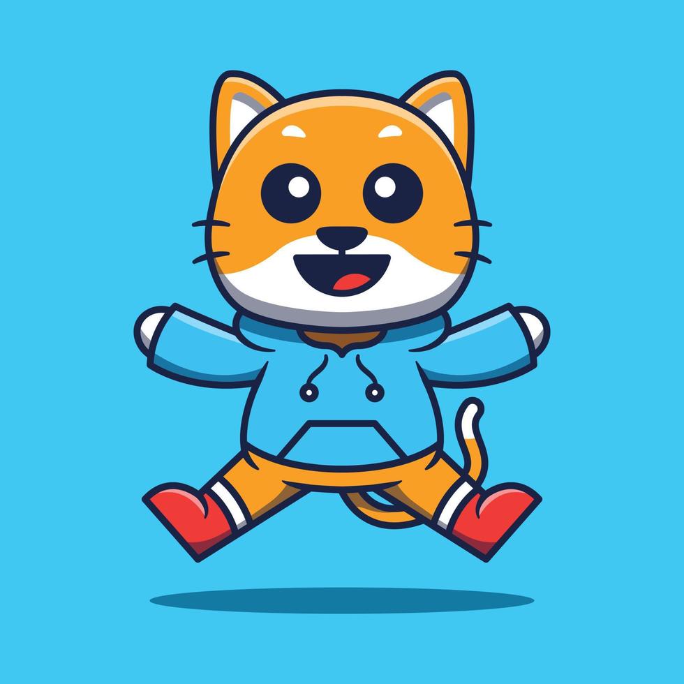 fofa gato mascote vestindo Jaqueta pulando desenho animado ilustração. vetor