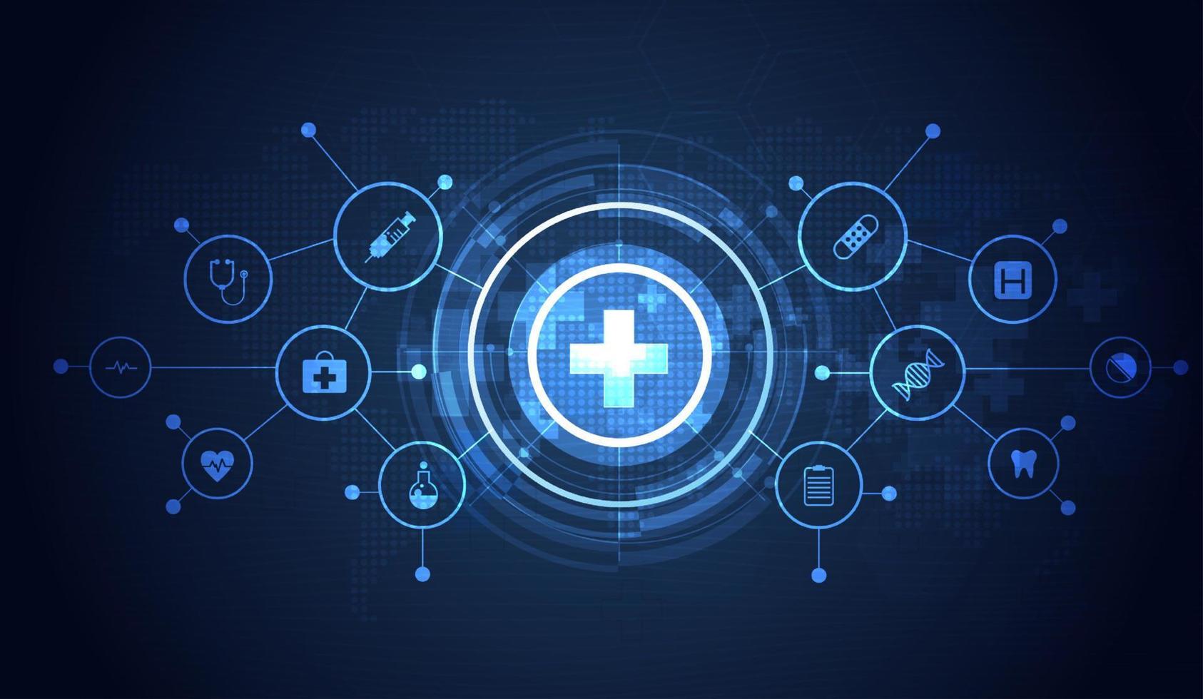 cuidados de saúde médico Ciência cuidados de saúde ícone digital tecnologia mundo conceito moderno o negócio inovação, tratamento, remédio. abstrato sobre Oi tecnologia futuro azul fundo e médico pesquisar. vetor. vetor