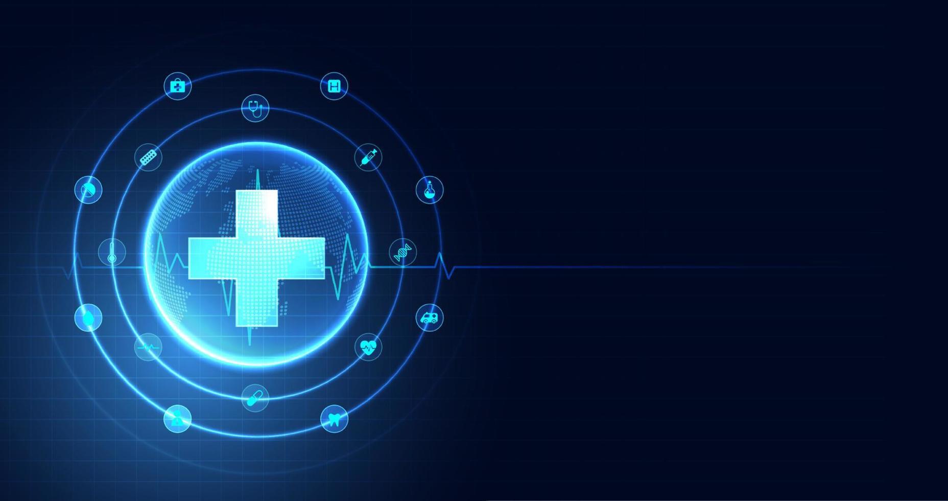 cuidados de saúde médico Ciência cuidados de saúde ícone digital tecnologia mundo conceito moderno o negócio inovação, tratamento, remédio. abstrato sobre Oi tecnologia futuro azul fundo e médico pesquisar. vetor. vetor