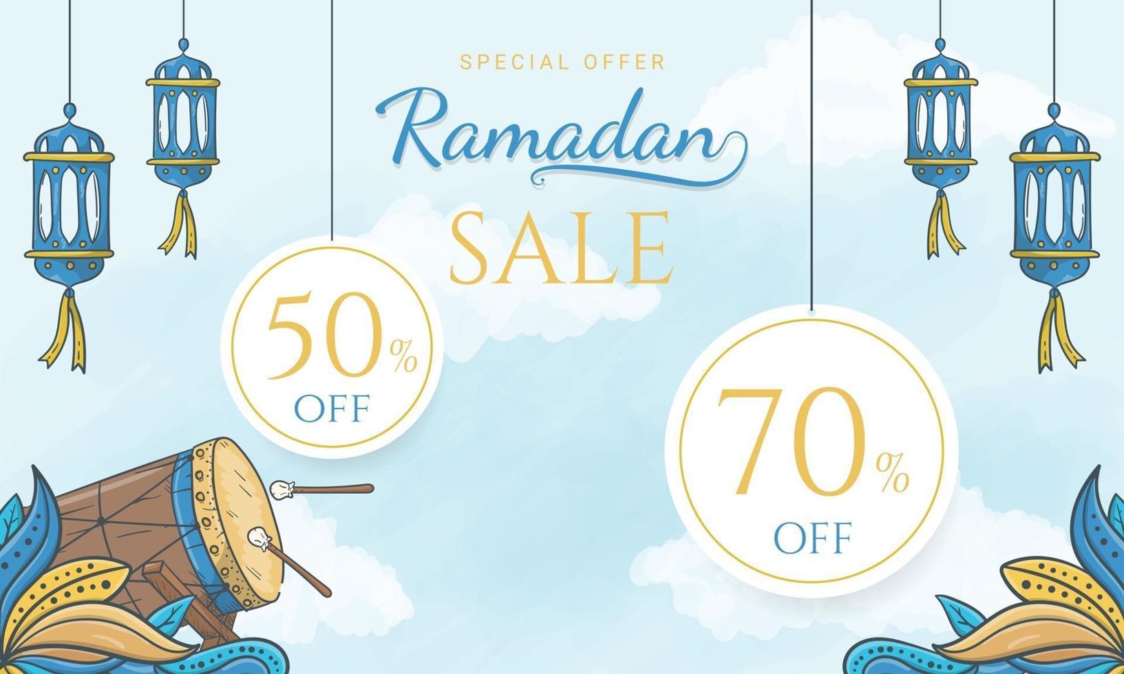 banner de venda de oferta especial de ramadã desenhada à mão com ornamento islâmico vetor