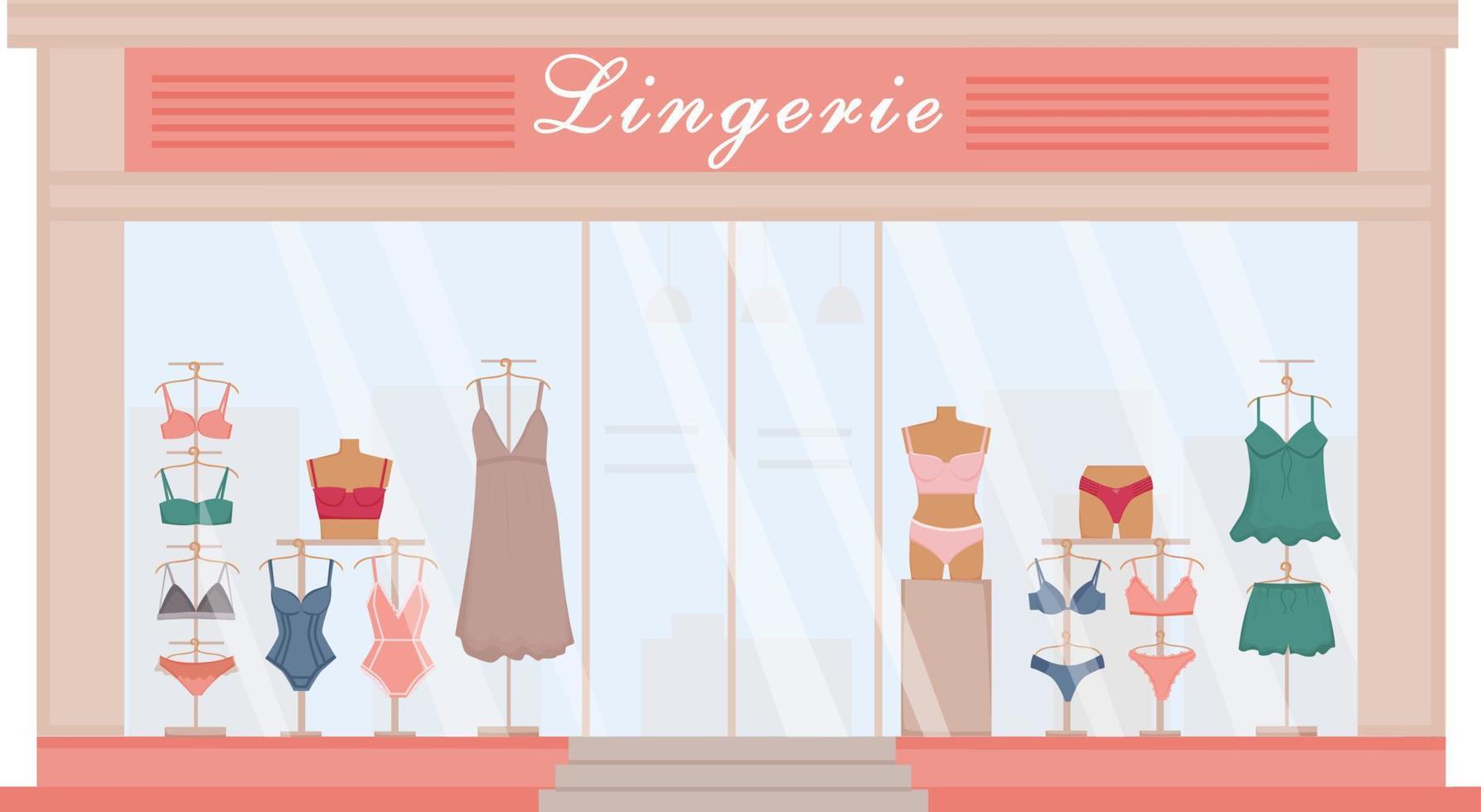 lingerie loja fachada. moderno roupas íntimas fazer compras. varejo trilha. fazer compras janela com manequins e exibe, cabides. sutiã, roupa de dormir, bikini, calcinha. frente Visão do loja. vetor ilustração.