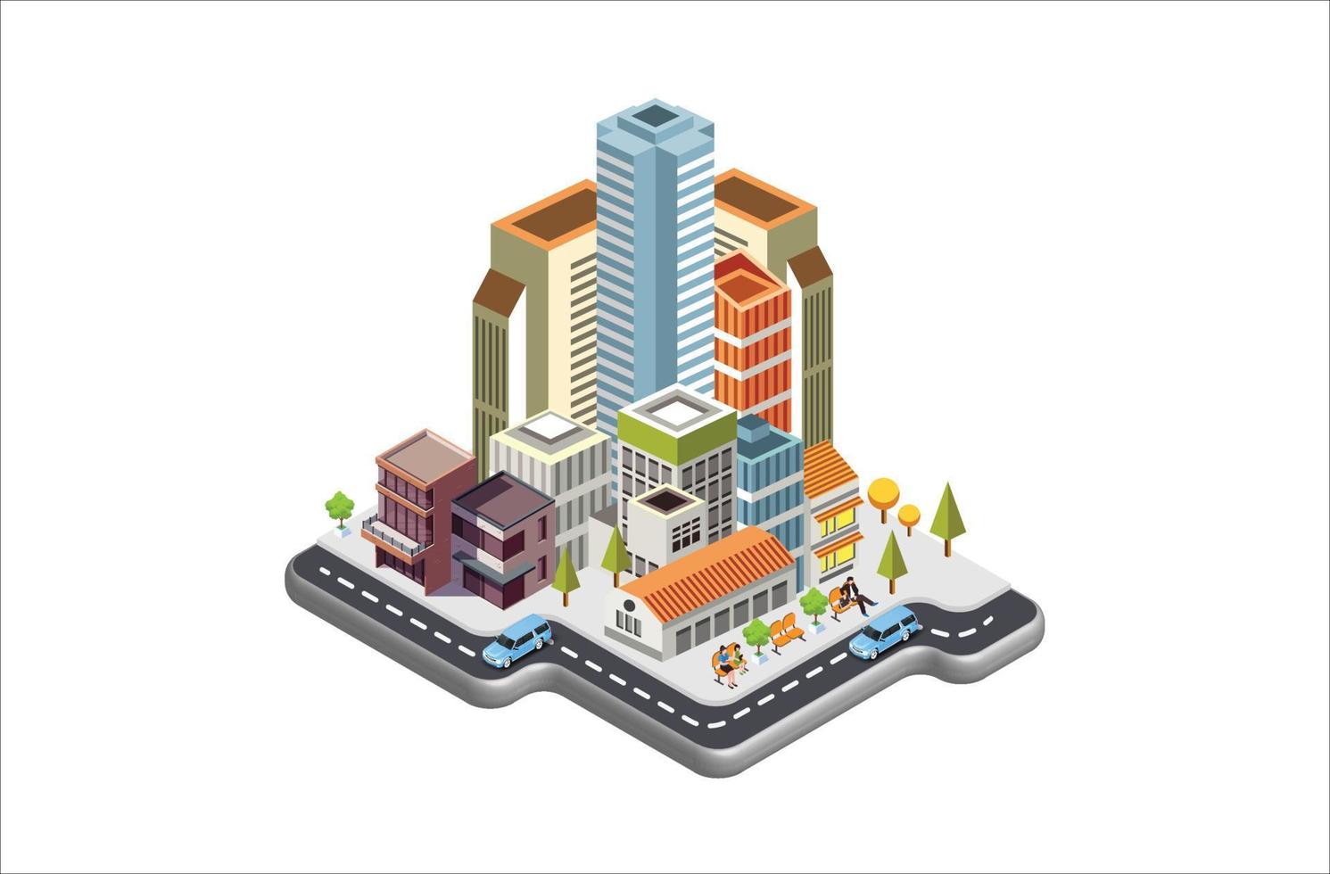 moderno isométrico vetor cidade com arranha-céus, pessoas, ruas e veículos, comercial e o negócio área infográfico com ícones, adequado para diagramas, infográficos, e de outros gráfico relacionado ativos