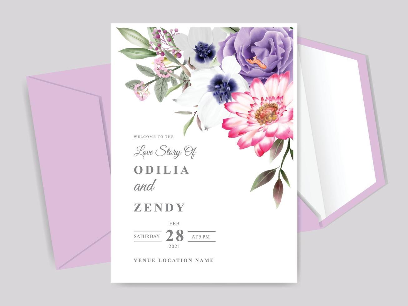 Modelo de cartão de convite de casamento desenhado à mão floral bonito e elegante vetor