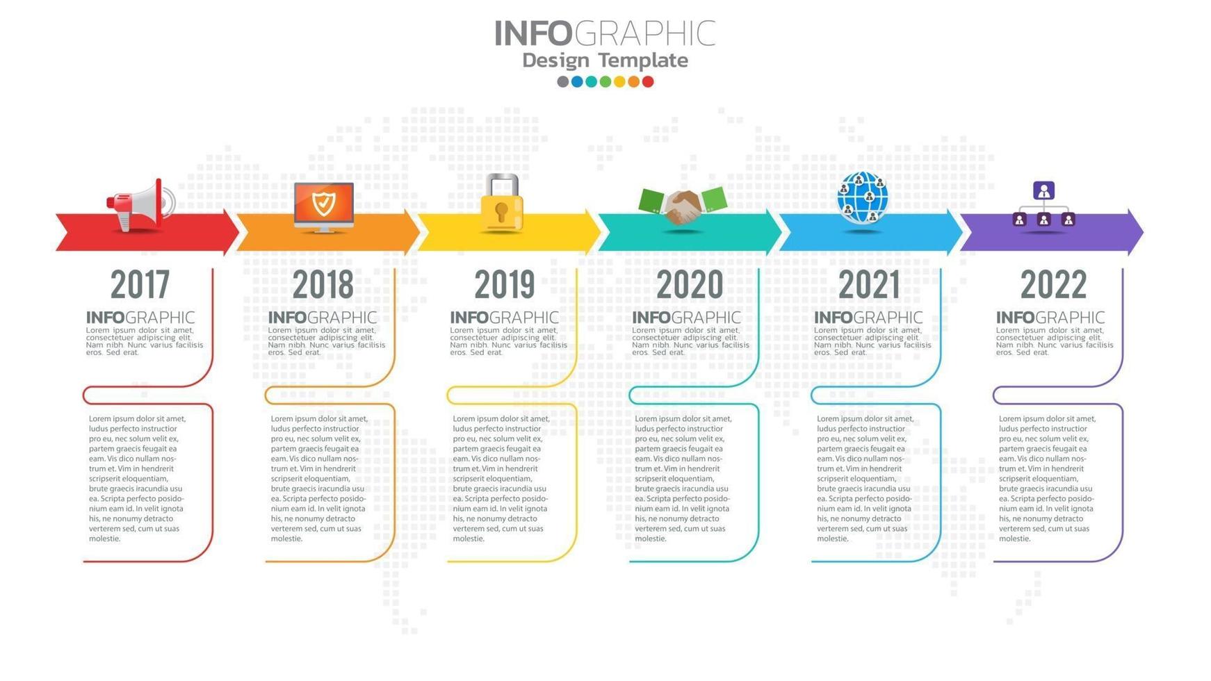 infográfico elemento de cor de 6 etapas com seta, diagrama gráfico, conceito de marketing on-line de negócios. vetor