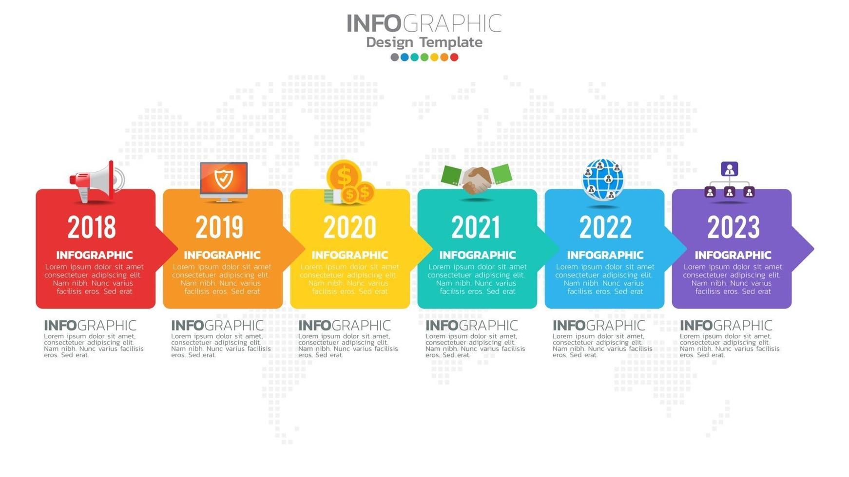 infográfico elemento de cor de 6 etapas com seta, diagrama gráfico, conceito de marketing on-line de negócios. vetor