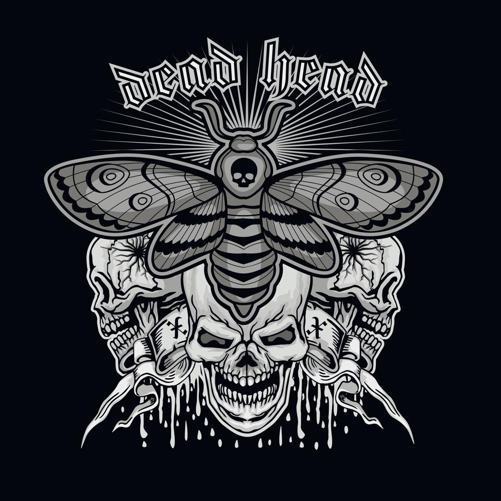 mariposa falcão cabeça-da-morte e crânio, camisetas com design vintage do grunge vetor