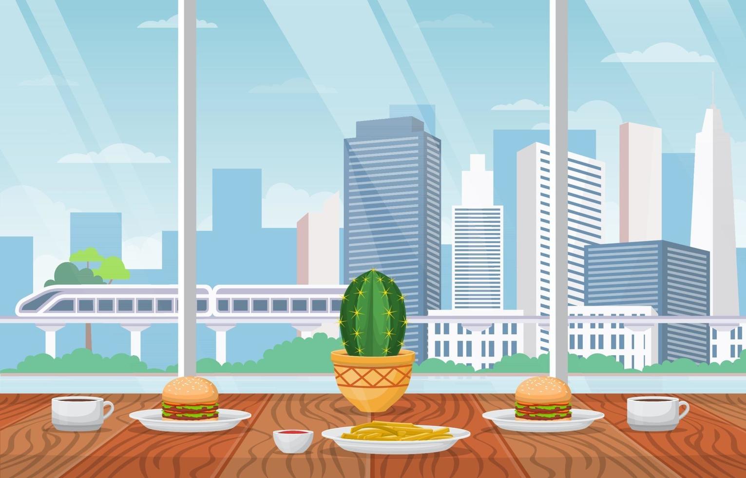 almoço em restaurante com ilustração da vista da cidade vetor