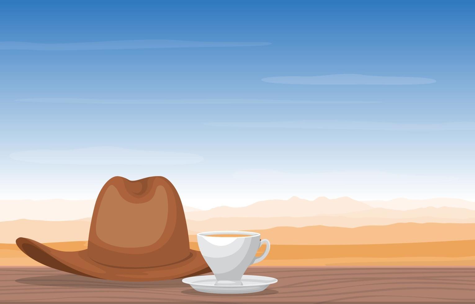 uma xícara de chá e um chapéu de cowboy na ilustração da vista da paisagem do deserto vetor