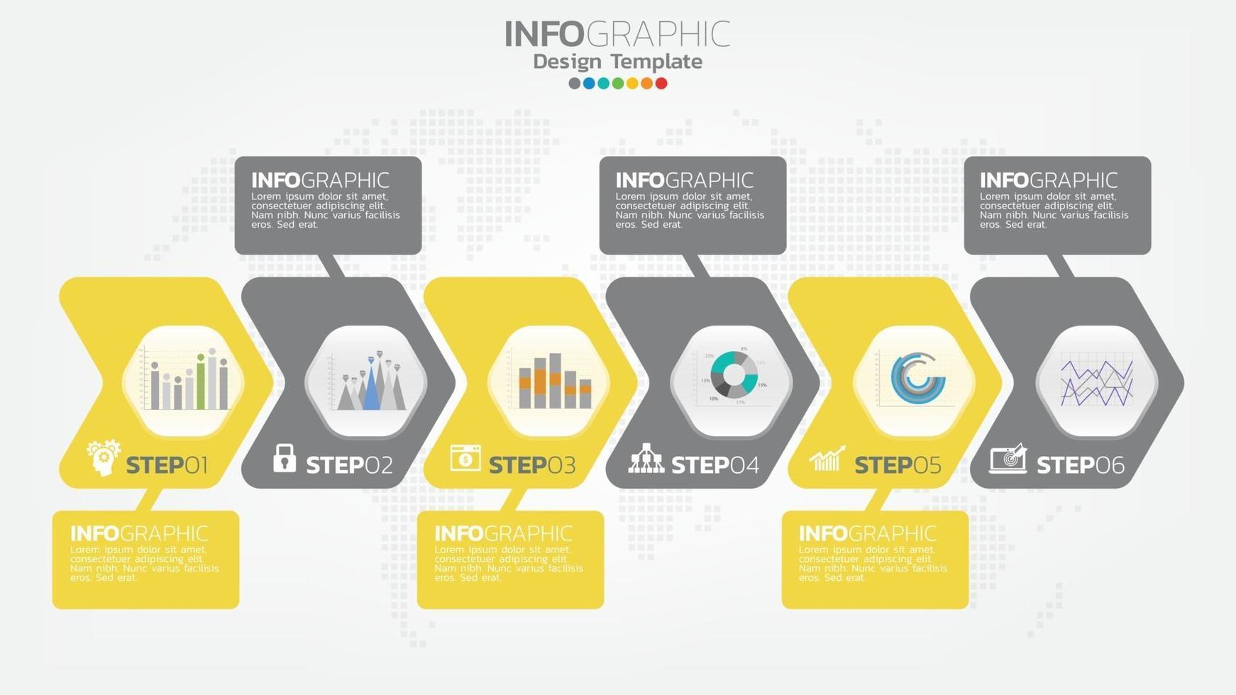 infográfico elemento de cor de 6 etapas com seta, diagrama gráfico, conceito de marketing on-line de negócios. vetor