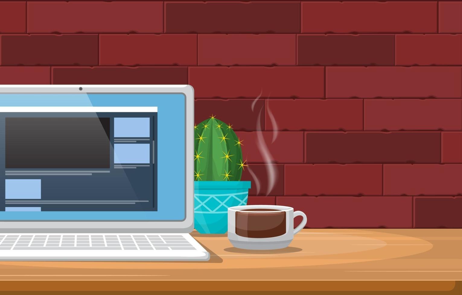 laptop e xícara de café na ilustração de mesa de escritório vetor