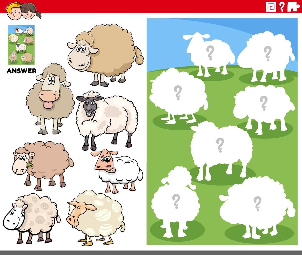 Jogo de combinar formas com personagens de desenhos animados de ovelhas vetor