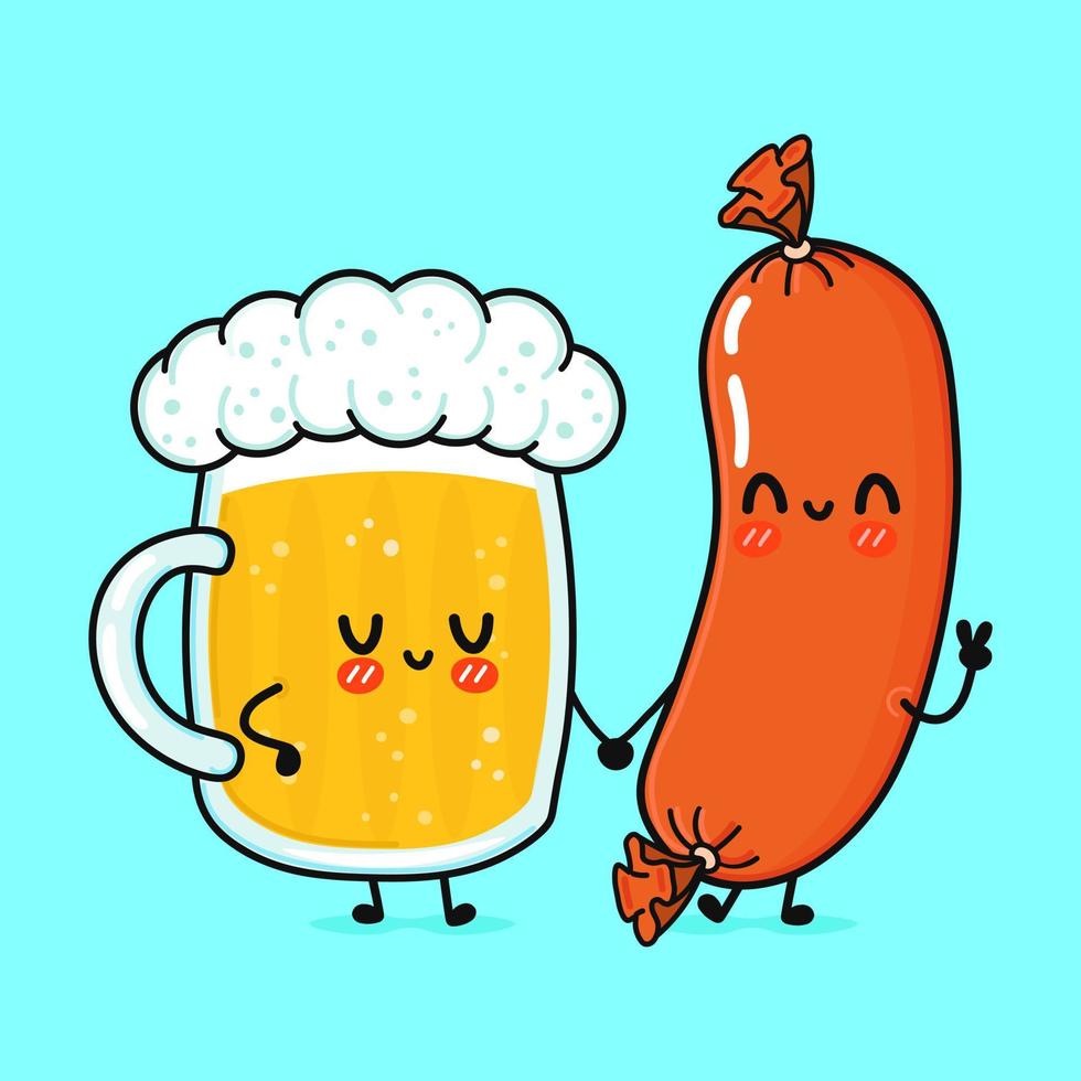 copo feliz bonito e engraçado de cerveja e salsicha. vector personagens de desenhos animados kawaii desenhados à mão, ícone de ilustração. copo de desenho animado de conceito de personagem de mascote de cerveja e salsicha