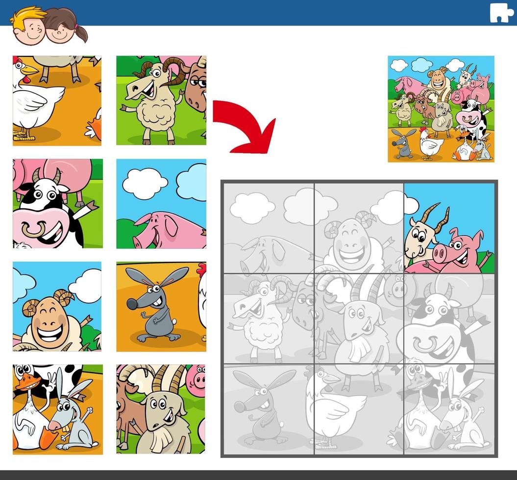 jogo de quebra-cabeça com personagens de animais de fazenda vetor