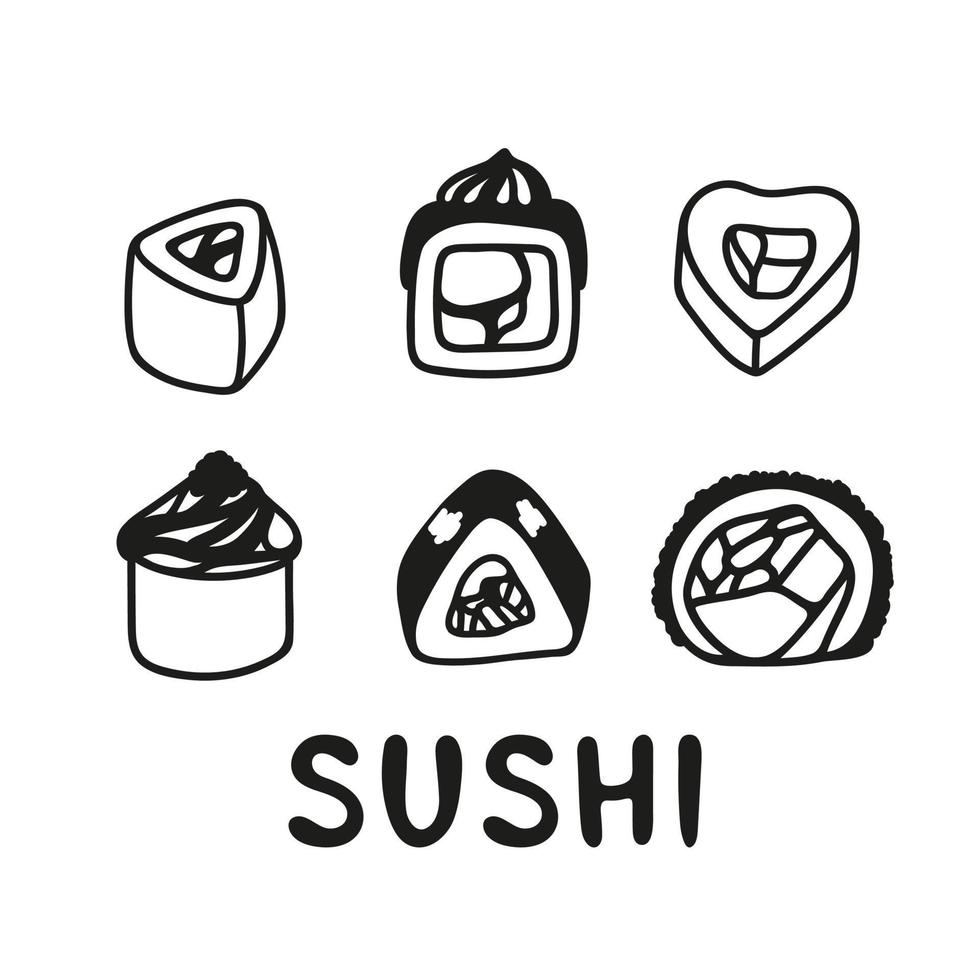 japonês Sushi lista conjunto dentro mão desenhado rabisco estilo. ásia Comida para restaurantes cardápio vetor