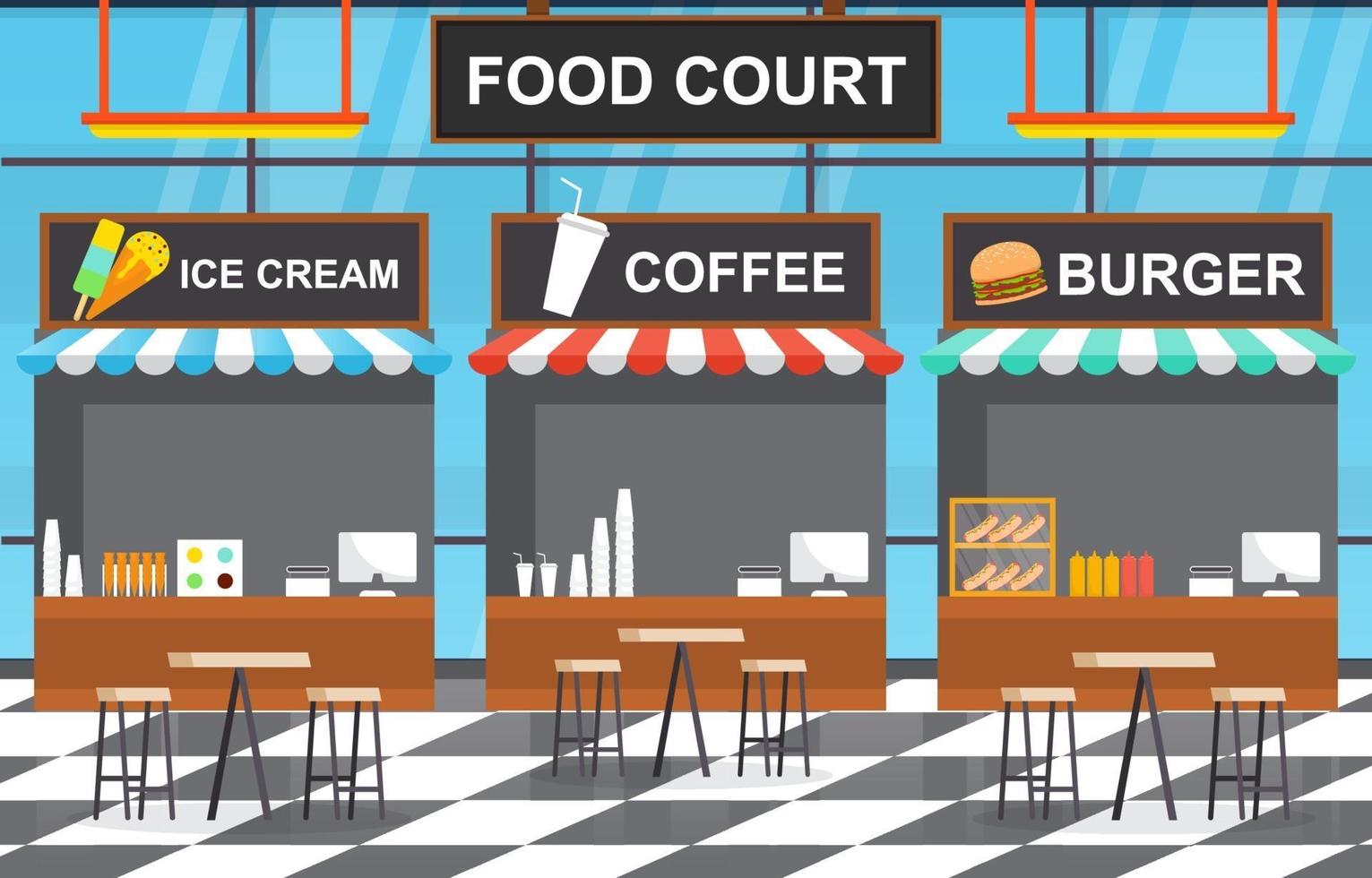 interior de praça de alimentação com sorveterias e lanchonetes com mesas e cadeiras vazias vetor