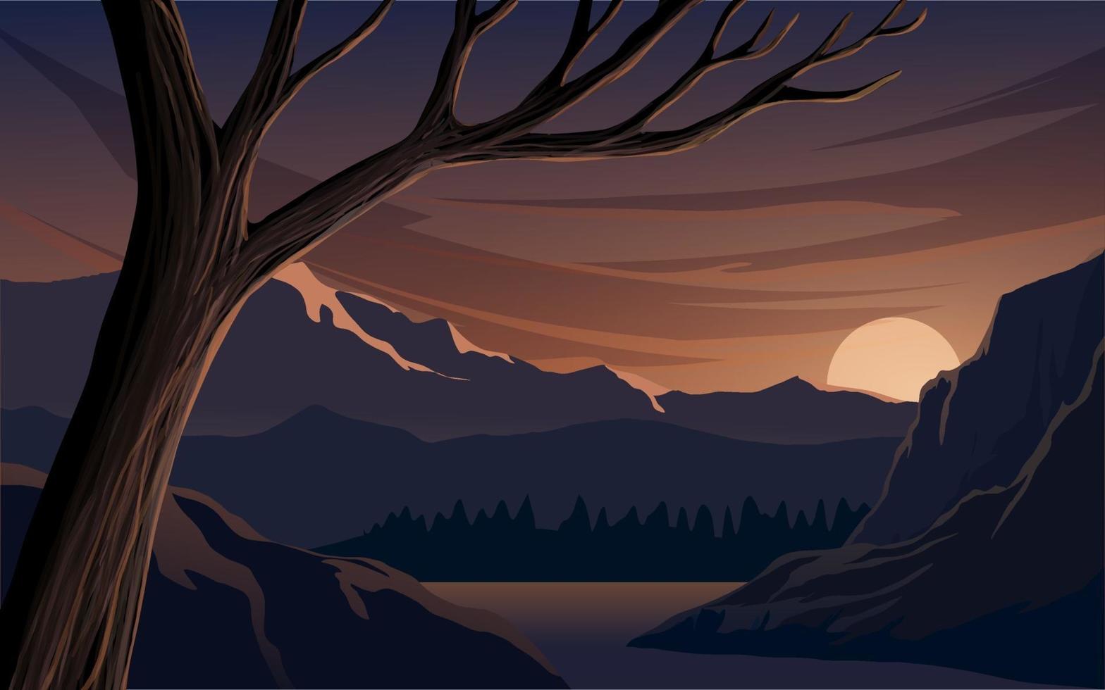 paisagem do pôr do sol com montanha, rio e árvore vetor