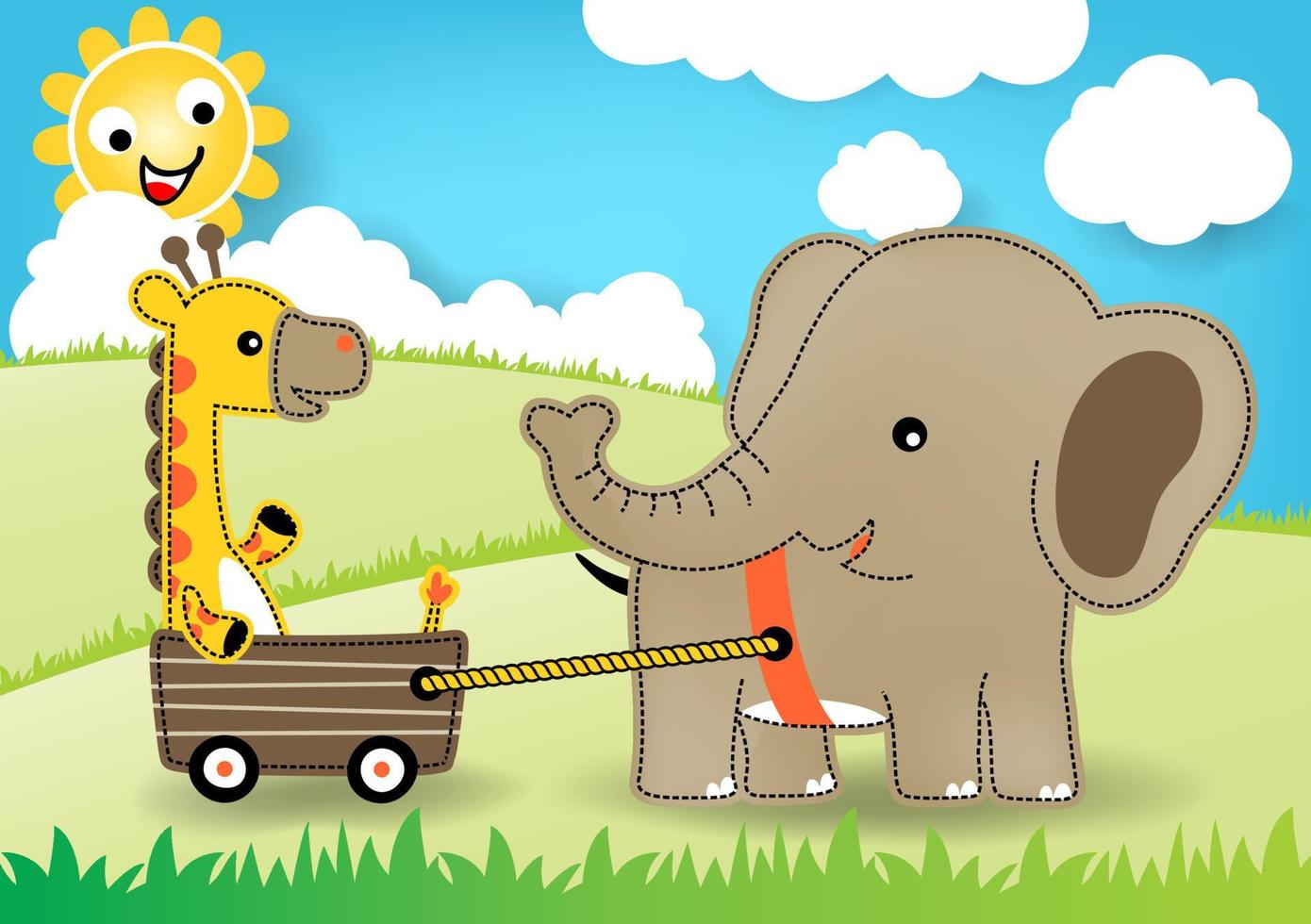 fofa elefante puxar girafa com carrinho dentro Prado em azul céu fundo, sorridente Sol atrás nuvens, vetor desenho animado ilustração