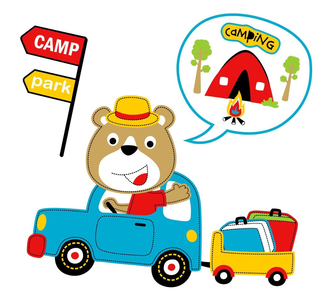 fofa Urso dirigindo carro puxando bolsas em carrinho, acampamento elementos, vetor desenho animado ilustração