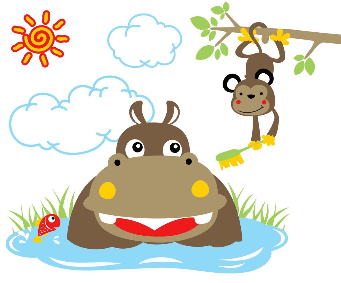 fofa hipopótamo com pequeno peixe dentro água, macaco segurando escova de dente em árvore galhos, vetor desenho animado ilustração