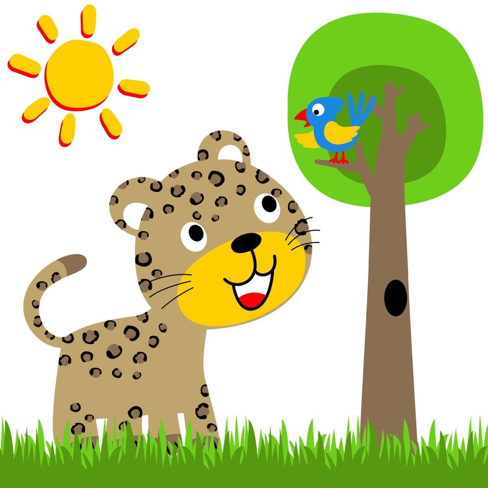 engraçado leopardo com pássaro em uma árvore, vetor desenho animado ilustração