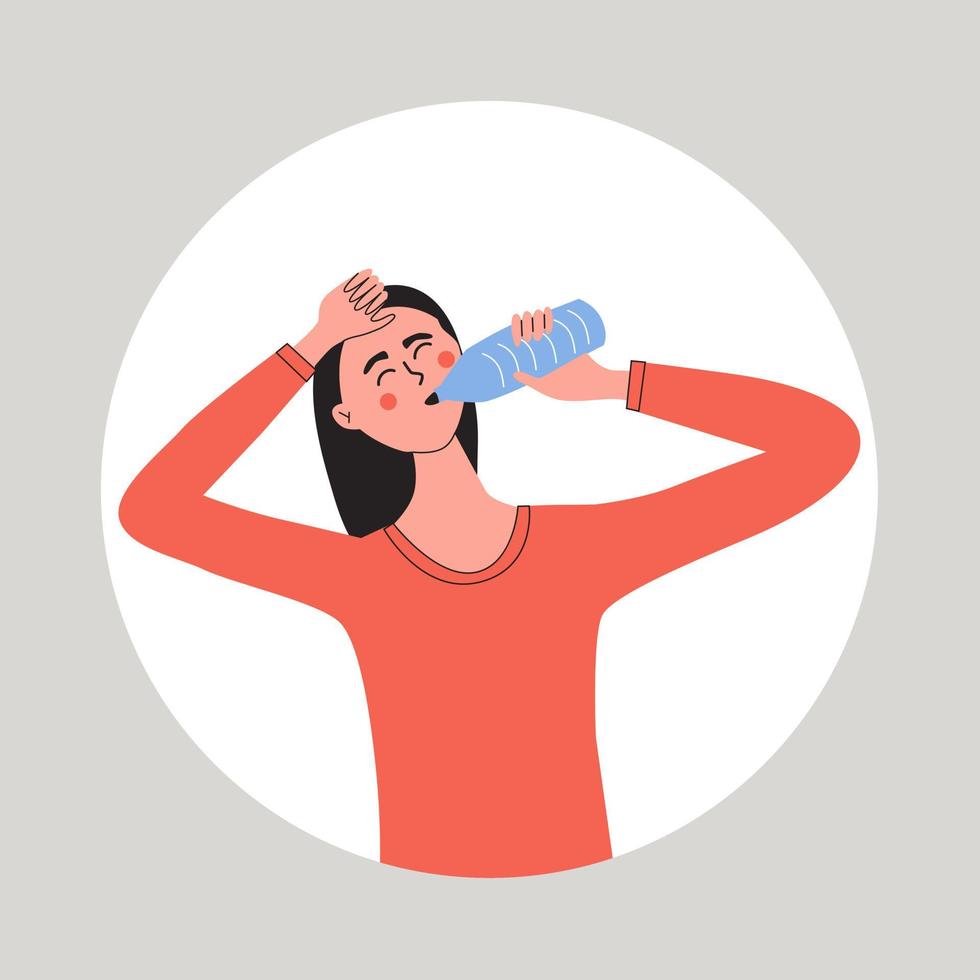 sedento, desidratação prevenção, Saldo do corpo manutenção conceito. jovem mulher bebendo fresco água a partir de garrafa. vetor