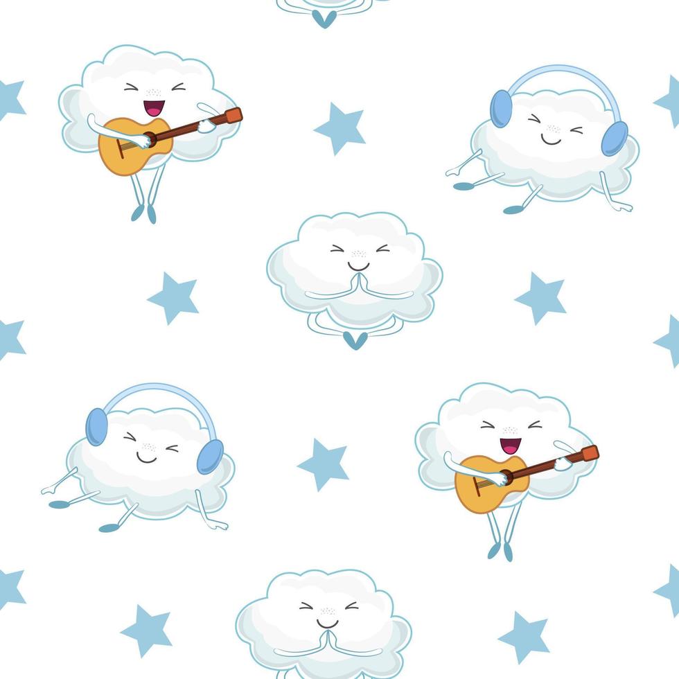 desatado nuvem padronizar. fofa desenho animado nuvem com uma guitarra dentro dele mãos e nuvem ouvindo para música com fones de ouvido. vetor ilustração. kawaii estilo.