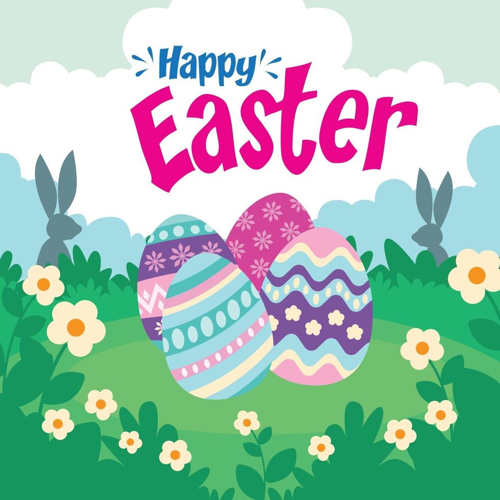 ilustração em vetor de feliz feriado de Páscoa com ovo pintado, coelho e flores em fundo colorido