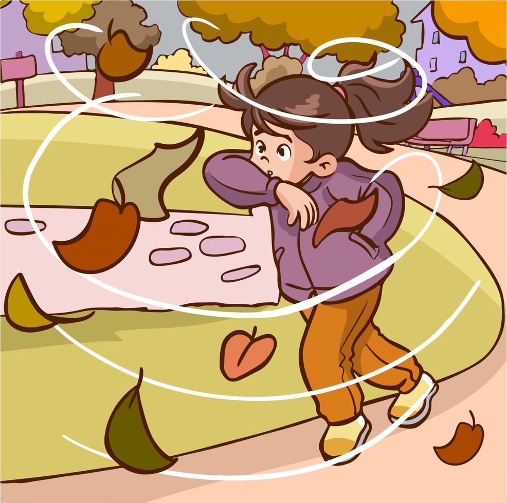 menina criança luta caminhando contra vento perto dobrar árvore com amarelo folhas ventoso outono dia. plano vetor pessoa personagem ilustração