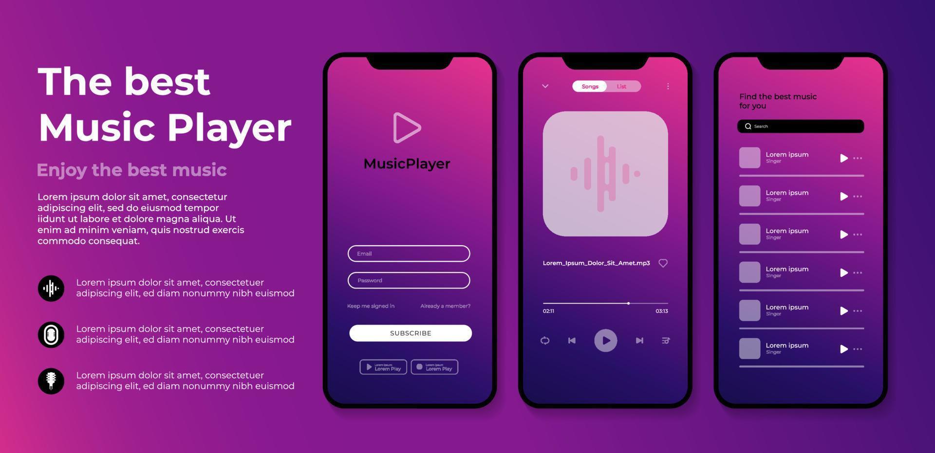 Smartphone música jogador aplicativo interface Projeto modelo vetor