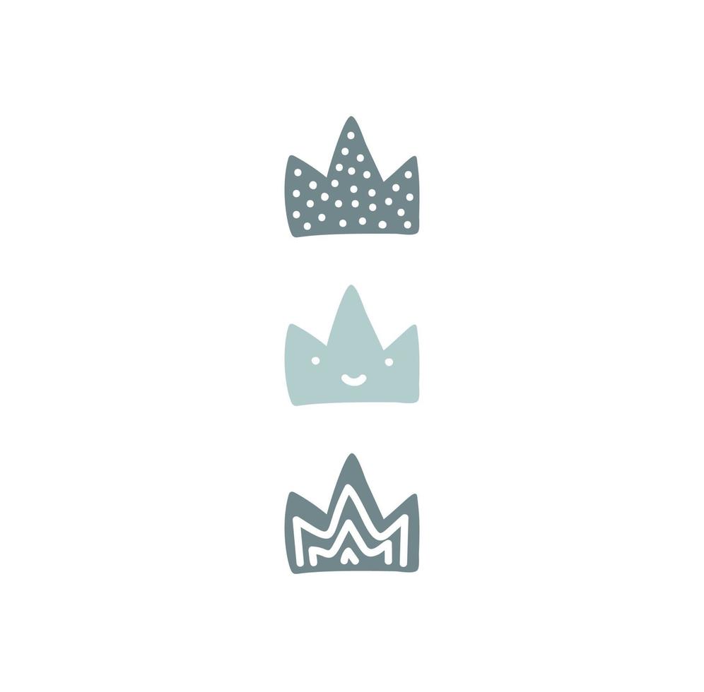 vetor rei e rainha coroa, desenho de doodle de ilustração de desenho vetorial plana, coroas de azul bebê com pontos e linhas dentro, desenho de coroas. símbolo do diadema da princesa