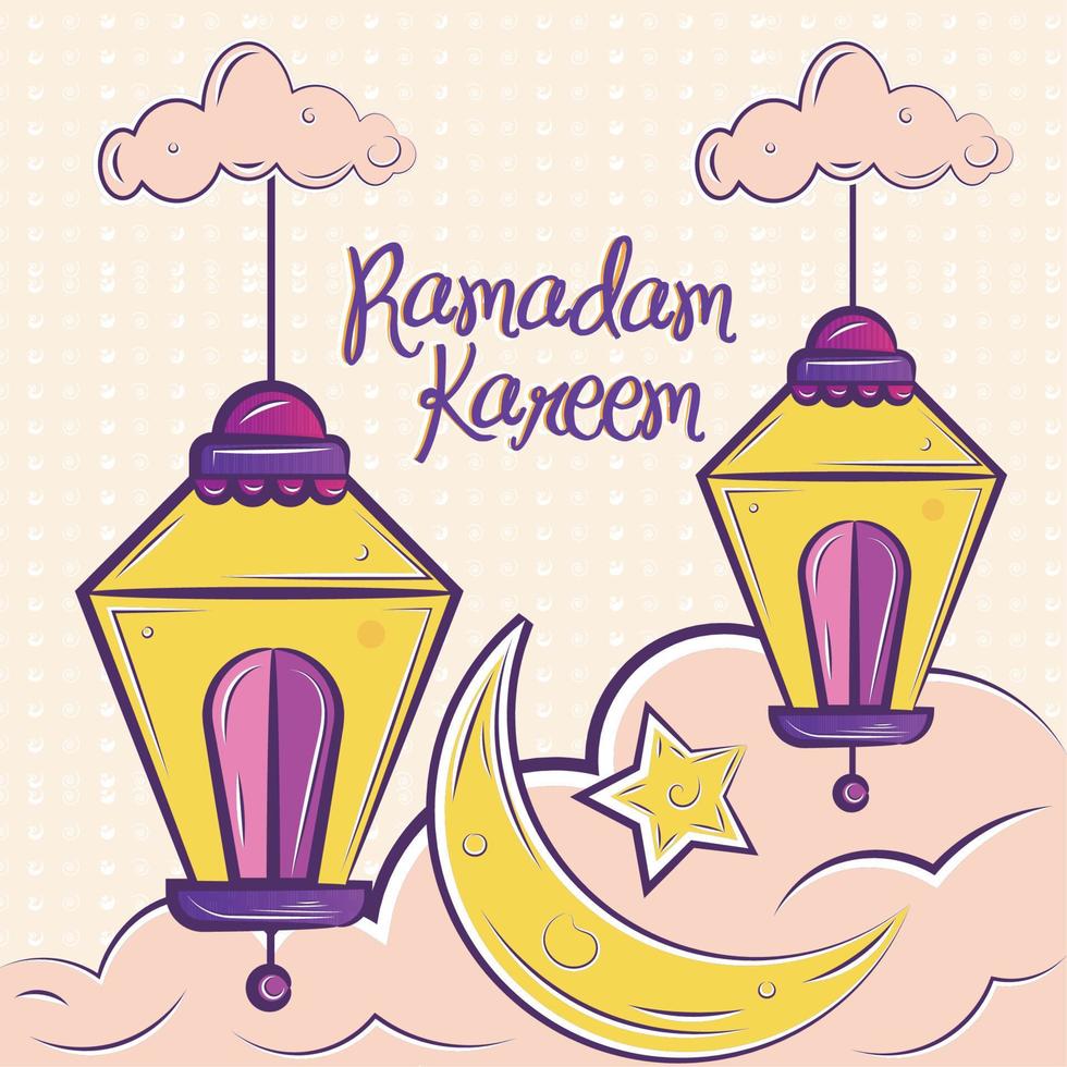 Ramadã kareem poster com esboço do árabe lâmpadas e lua vetor ilustração