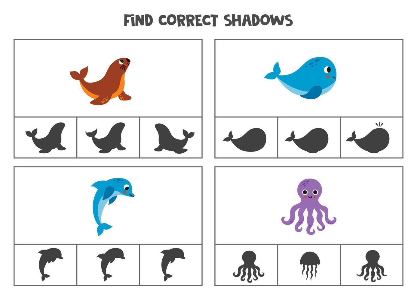 encontrar corrigir sombra do fofa mar animais. imprimível grampo cartão jogos para crianças. vetor