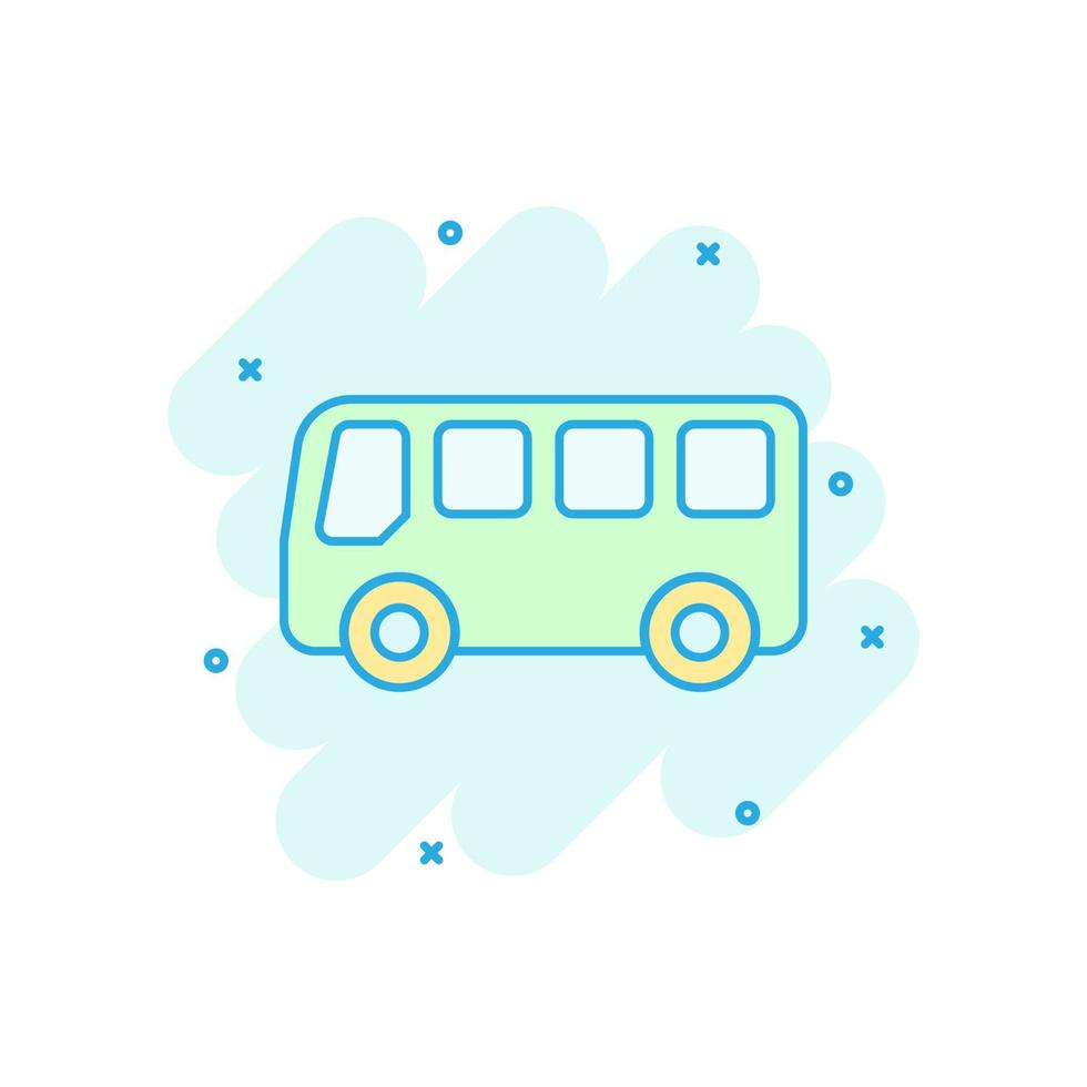 ícone de ônibus escolar em estilo cômico. autobus vector cartoon ilustração sobre fundo branco isolado. efeito de respingo de conceito de negócio de transporte de ônibus.