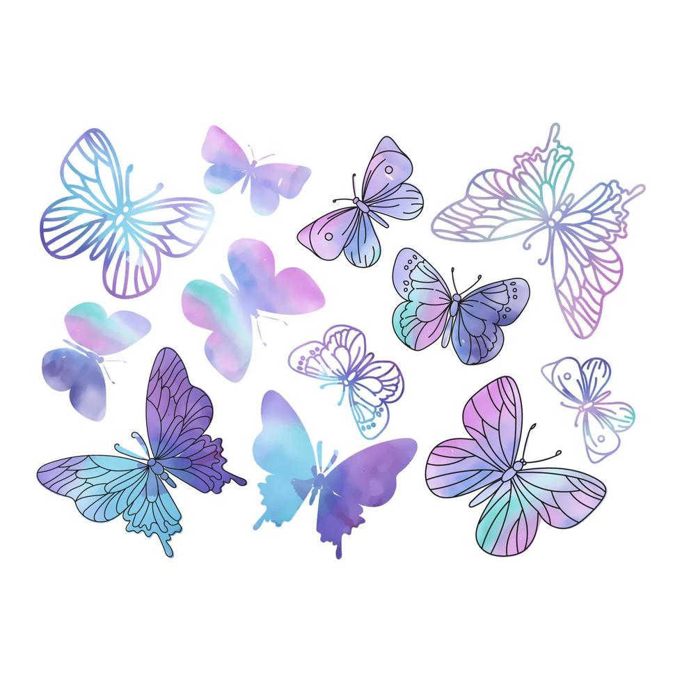 roxa borboletas aguarela verão vetor ilustração conjunto