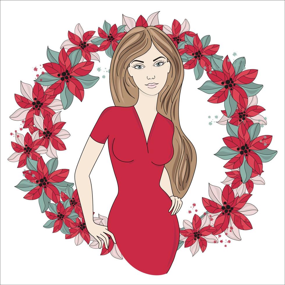 Natal ícone guirlanda menina retrato vetor ilustração conjunto