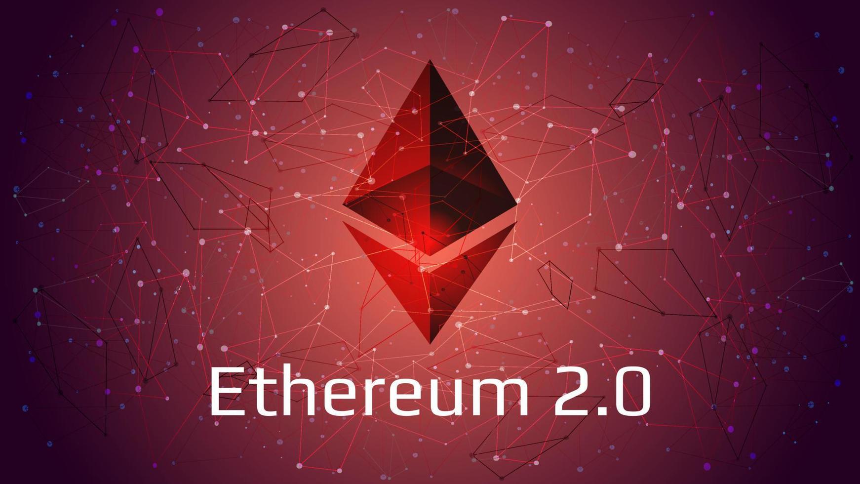 ethereum 2.0 Atualizada - criptomoeda moeda símbolo em abstrato poligonal vermelho fundo. Novo direção depois de Difícil garfo. prova de aposta pos consenso. vetor eps10.