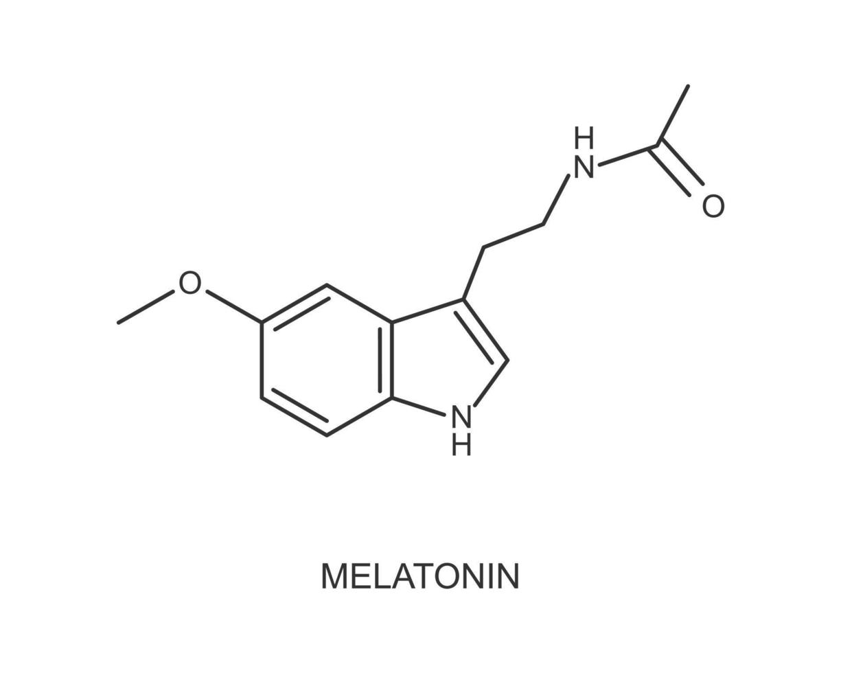 melatonina molecular estrutura. hormônio usava para jato atraso, insônia, circadiano ritmo transtorno terapia. dormir e despertar ciclo regulamento ícone vetor