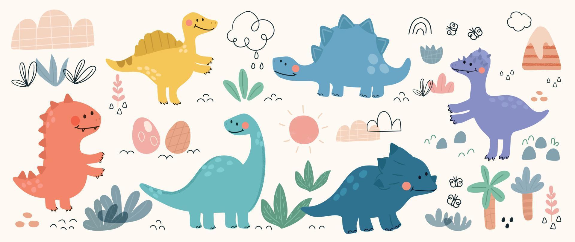 fofa dinossauros vetor definir. mão desenhado rabisco triceratops, estegossauro, tiranossauro, diplodoco, espinossauro. dinossauro quadrinho personagem Projeto para criança, imprimir, roupas, poster, Educação, edutainment.