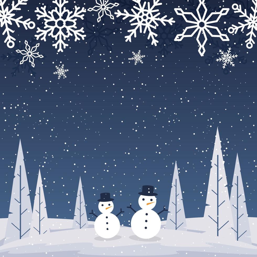 cartão comemorativo da temporada de inverno com paisagem de neve, bonecos de neve e flocos de neve vetor