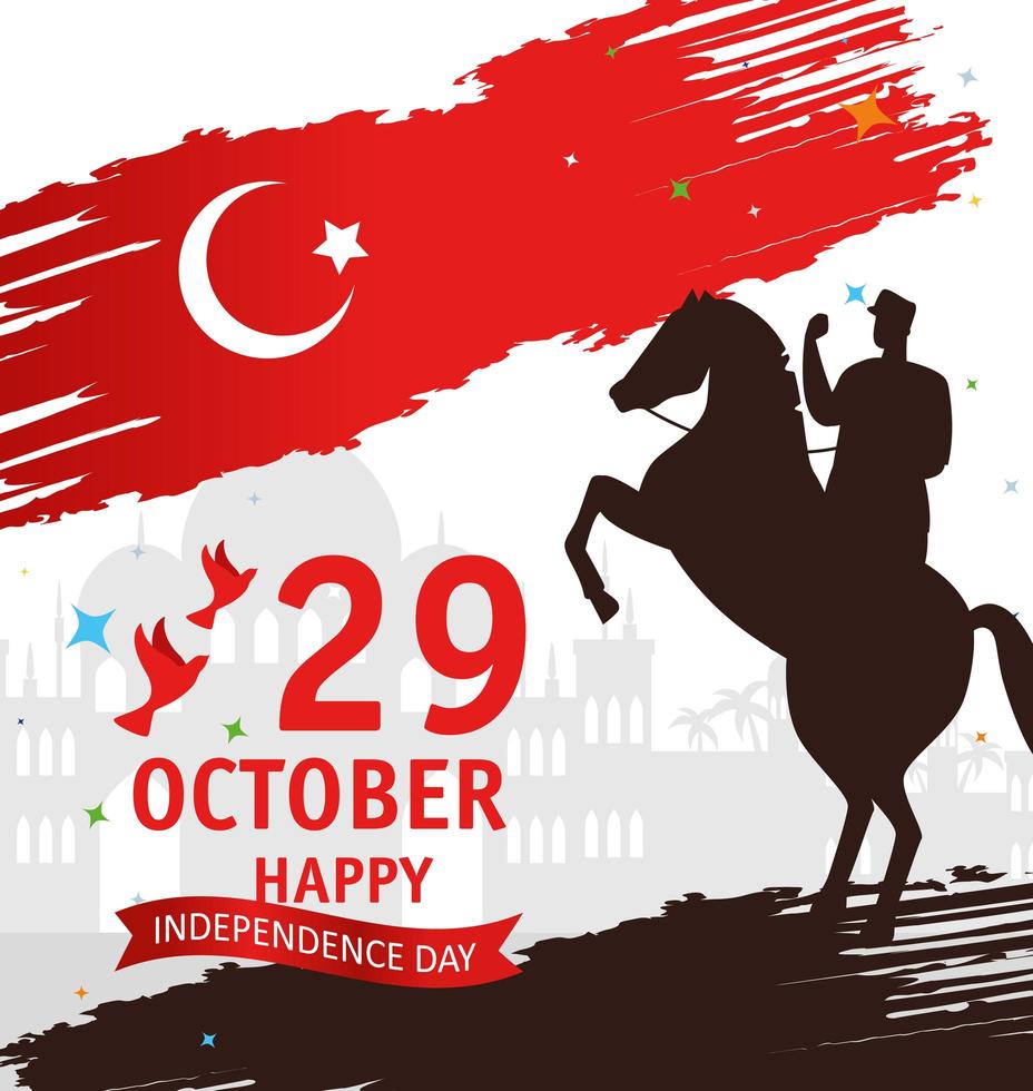 29 de outubro, dia da república turca com o homem em um cavalo com bandeira vetor